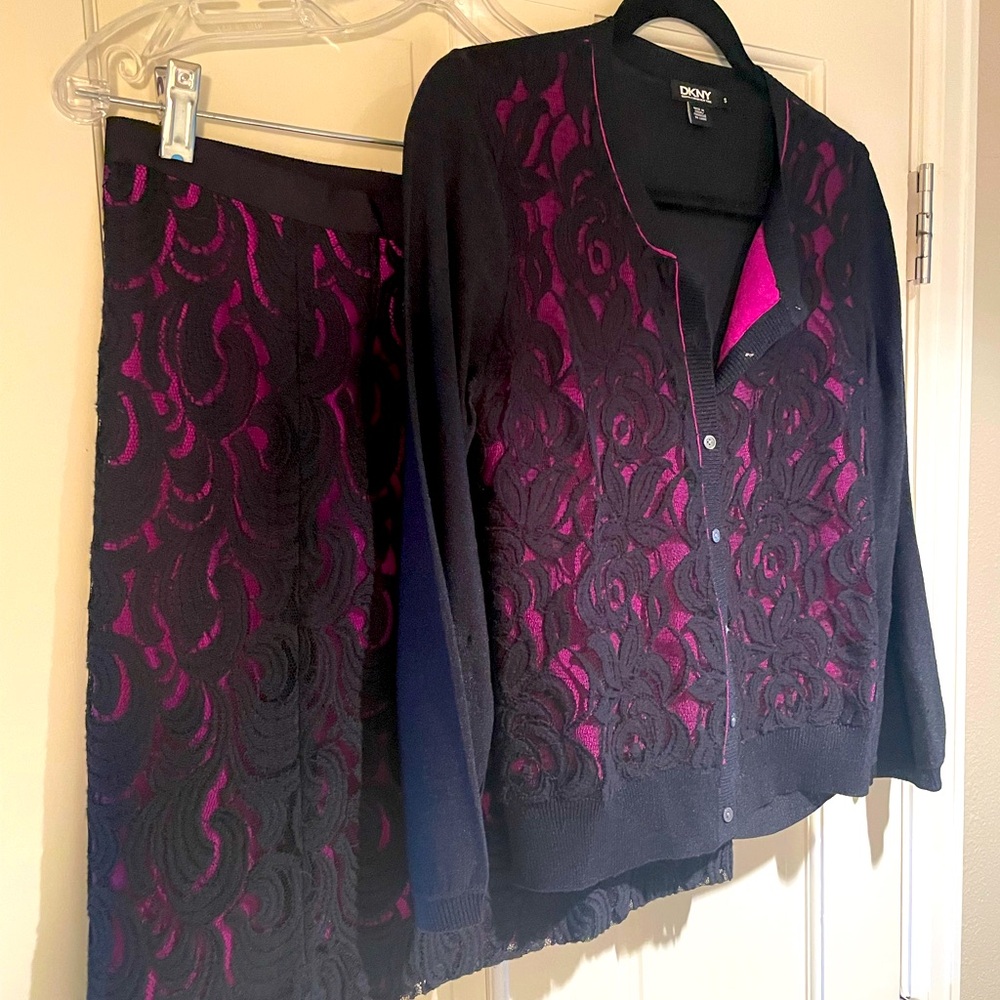 DKNY Matching Dressy Lace Overlay Blk/Fushia Skirt Sz8 & Cardigan Sz Small